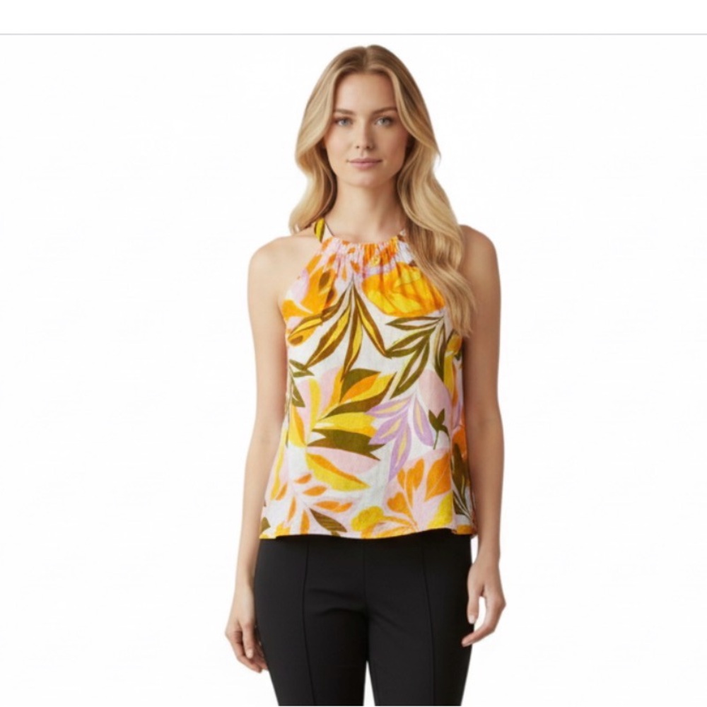 C&C California 100% Linen Halter Top with Orange and Pink Floral Design Size S